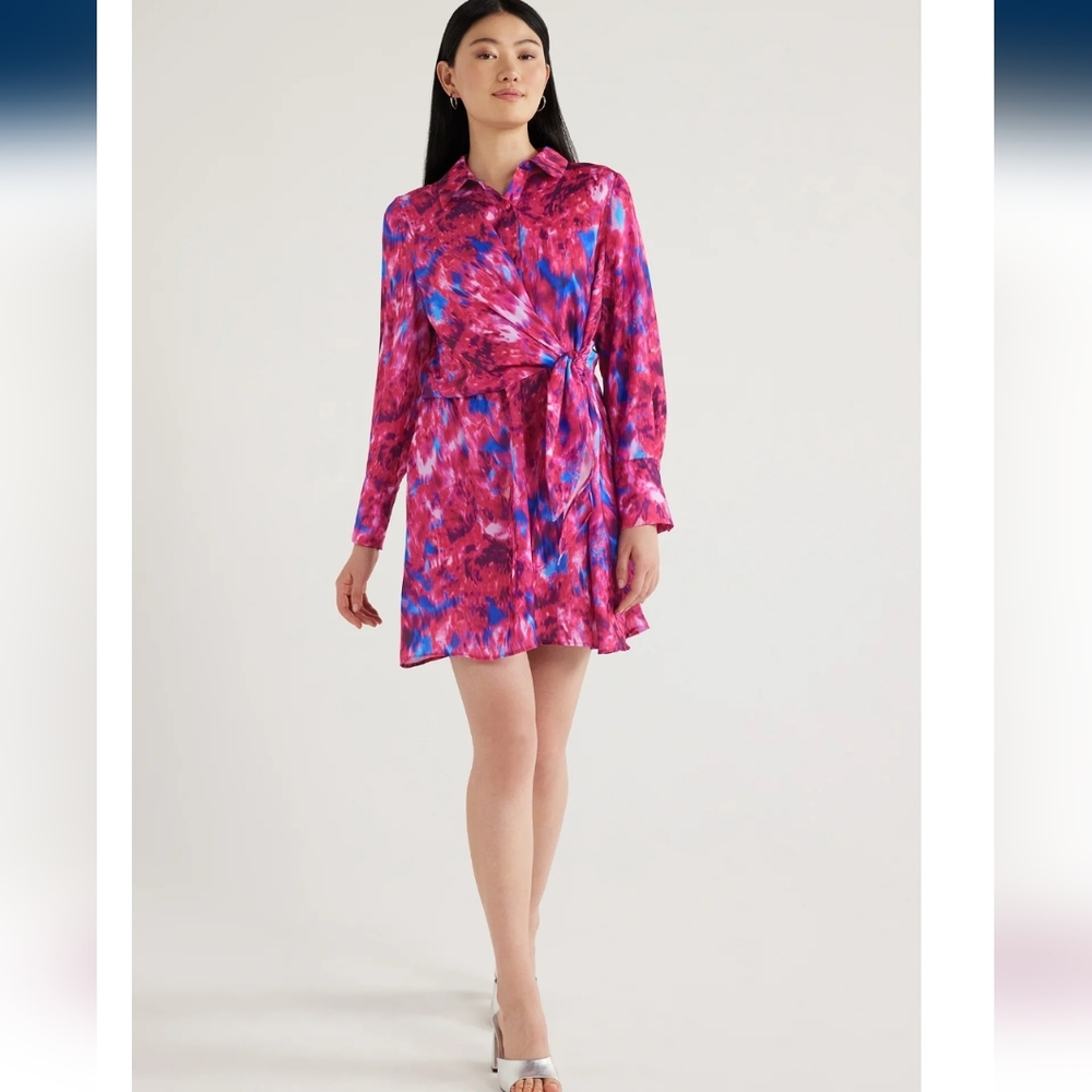 Scoop Long Sleeve Button Front Side Tie Short Dress, L (12-14)  Pink multi - Picture 3 of 6